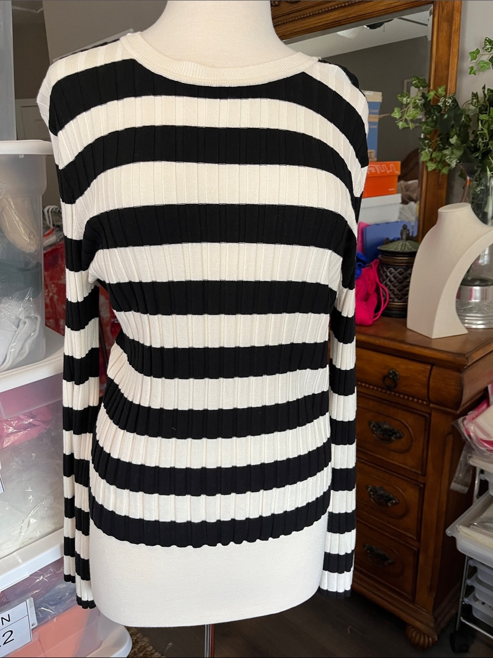 a new day Black and White Striped Ribbed Crewneck Sweater